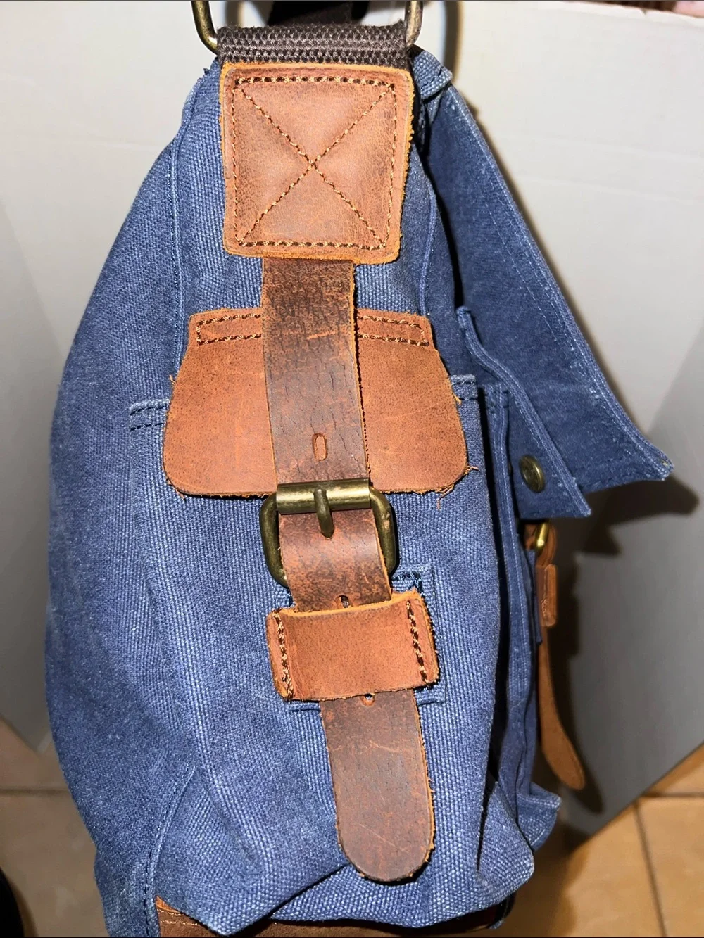 Large Navy Canvas Messenger Bag with Brown Leather Trim by Kattee